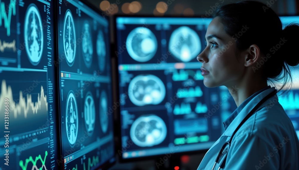 Aufkleber Female doctor analyzing medical images on multiple monitors. AI algorithms assisting in diagnosis. Futuristic healthcare tech displayed on screens. Medical tech expert focusing on details. Cutting