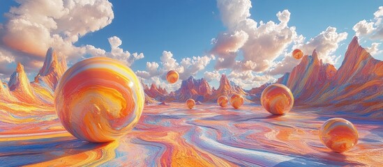 Breathtaking digital depicting a surreal fantastical landscape with vibrant floating spheres hovering above a mountainous terrain under a glowing colorful sky  The scene evokes a sense of wonder