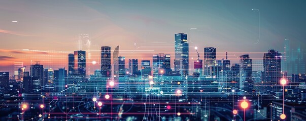 Modern Cityscape at Night with Digital Overlay