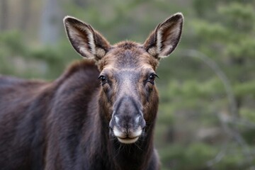 Fototapeta premium Portrait of ypung moose (alces alces) looking at camera against naturla environment blurred background