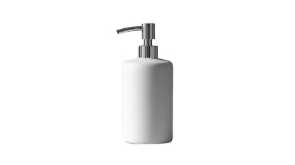 Obraz premium Minimalistic white dispenser bottle with silver pump for bathroom essentials isolated on transparent background