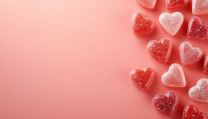 Fototapeta premium Delicious Heart Shaped Candies on Pink Background Valentine s Day Sweets