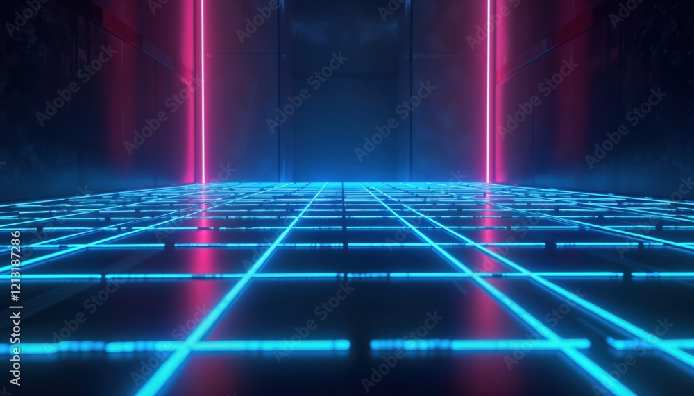 Poster futuristic neon grid lines glow on dark floor. cyan blue, purple light beams create perspective. abs