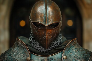 medieval knight portrait with ornate metalwork filigree dramatic chiaroscuro lighting intricate armor details gothic architectural elements aged copper patina finish