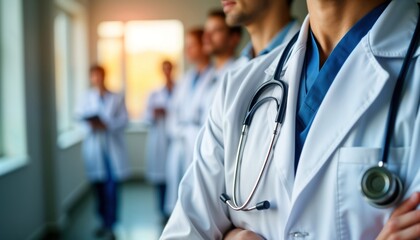 Team of doctors in hospital corridor. Professionals wear white coats, look focused. Use digital tablets. Teamwork, collaboration in healthcare emphasized. Professionals work together in clinic