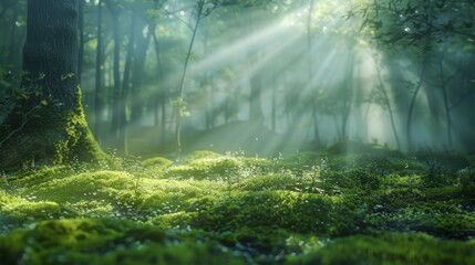 serene morning in a moss-covered forest, vibrant green moss