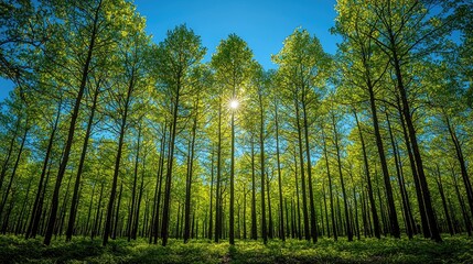 Naklejka premium Sunlit forest, spring trees, vibrant green canopy, peaceful nature scene, perfect for travel brochure