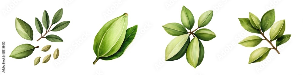 Poster four varieties of green leaves showcasing different shapes and sizes.