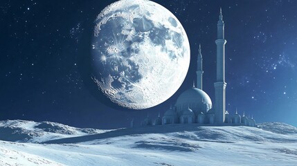 Aesthetic mosque silhouette above moon in centered wide angle view