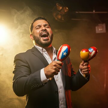 Puerto Rican Salsa Musician Singing with Maracas in Passionate Performance