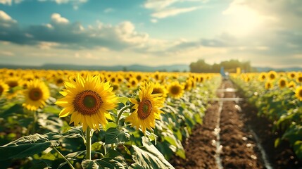Sunflowers blooming in a field at sunset