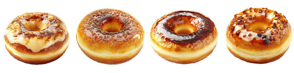 Crème Brûlée-Filled Donut &ndash; A decadent donut filled with rich crème brûlée custard offering a luxurious twist on the classic treat. Isolated on Clear White Background Highly Detailed