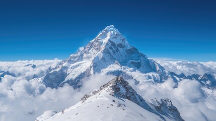 Obraz premium Majestic Himalayan peak above clouds; scenic landscape; travel, adventure backdrop