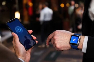 Customer using tap to pay method with smart phone and smart watch