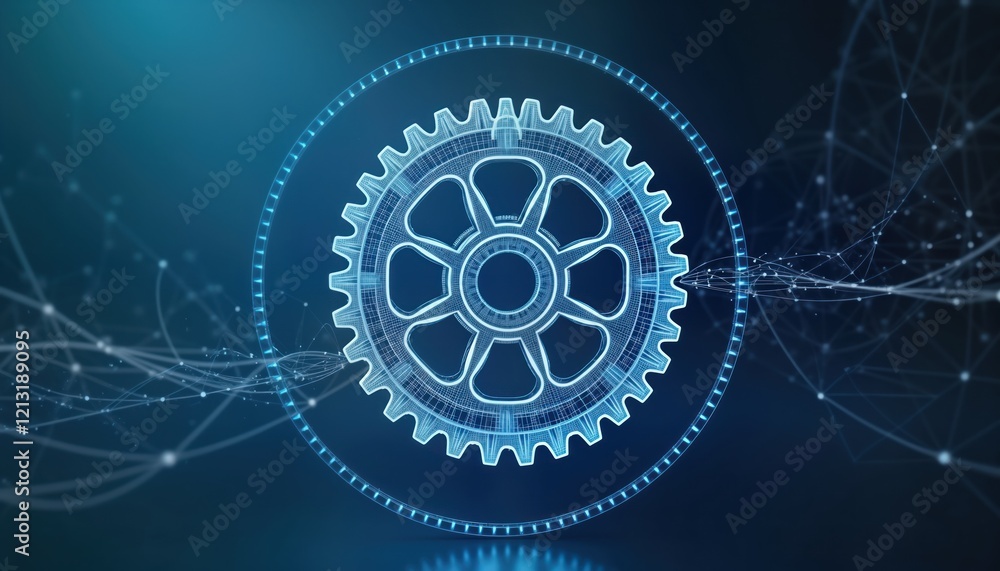 Aufkleber digital gear model against dark blue background. tech design. wireframe gear surrounded by blue wire