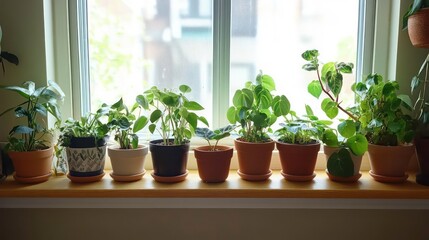 Fototapeta premium Various potted indoor plants on a windowsill, bathed in sunlight.