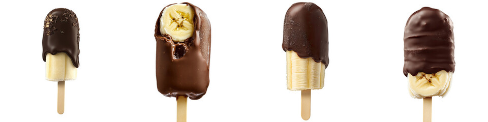 Chocolate-Covered Banana Pop – Frozen banana dipped in rich chocolate creating a sweet and healthy frozen snack. Isolated on Clear White Background Highly Detailed
