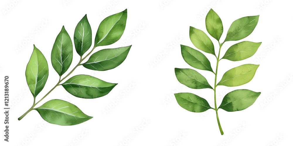 Poster two clusters of green leaves showcasing various shapes and sizes, displaying vibrant colors and natu