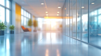 Obraz premium Blurred background of a bright, modern office or coworking space interior with panoramic windows 