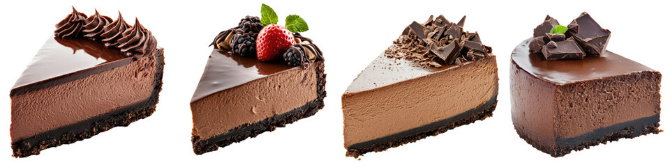 Chocolate Cheesecake &ndash; A decadent cheesecake made with rich chocolate offering a rich creamy flavor. Isolated on Clear White Background Highly Detailed 