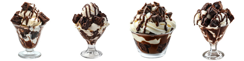 Chocolate Brownie Ice Cream Sundae &ndash; A decadent sundae with chunks of chocolate brownie vanilla ice cream and a rich fudge topping. Isolated on Clear White Background Highly Detailed