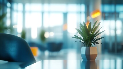 Blurred background of a bright, modern office or coworking space interior with panoramic windows 