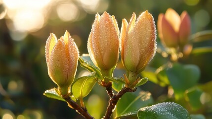 Close up of flower buds with dew drops at golden hour light glistening