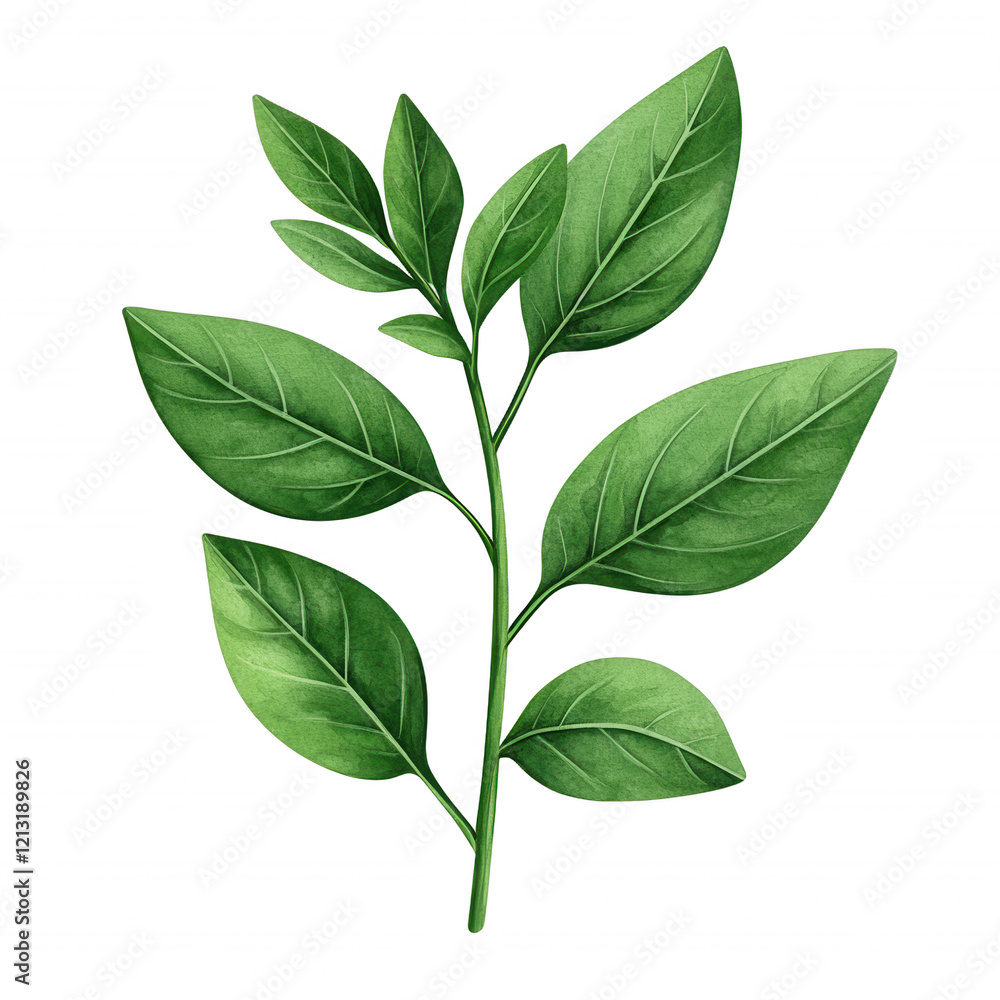 Poster a vibrant green branch with multiple leaves showcasing a rich texture and natural form.