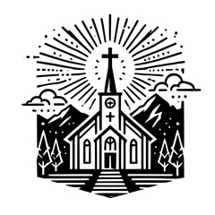 Majestic Church in Mountain Landscape: A Symbol of Faith and Spirituality.  Line art design of a church nestled in a serene mountain setting, radiating peace and hope.