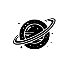 Cosmic Planet: A Minimalist Space Art Design.  Black and white illustration of a planet with rings, perfect for space enthusiasts and graphic designers. Simple, geometric artwork.