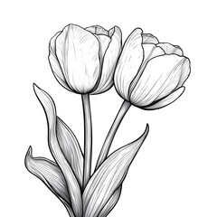 Tulip bouquet black and white illustration on white background, line art, flowers clipart, art for print, ideas for engraving laser, tulips for holiday women's day, spring flowers bouquet 