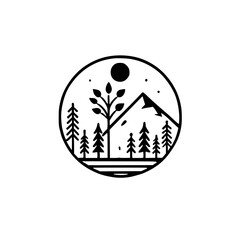 Minimalist Mountain Landscape: Black and White Nature Scene, Simple Forest and Tree Design, Vector Graphic Art