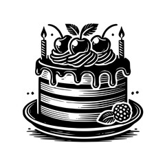 A delectable black and white illustration of a layered chocolate cake adorned with cherries and lit candles, perfect for birthday celebrations or dessert menus.