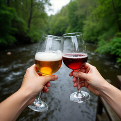 two hands holding wine glasses, one with beer and the other with wine, against a backdrop of a flowing river and lush greenery.