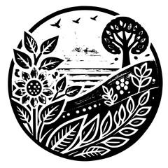 Vibrant Nature Scene: A captivating circular artwork depicting a serene landscape with a breathtaking sunset, lush greenery, and blooming flowers. Perfect for nature lovers and art enthusiasts.