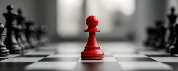 Red pawn stands out on chessboard. Strategic position on game board. Leadership, individuality. Risk, opportunity in competitive game. Red pawn shows courage, determination. Business challenge. Focus