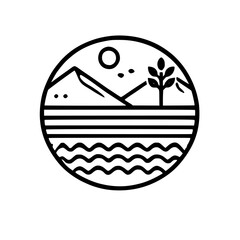 Minimalist Landscape: Black and White Mountain Lake Scene. Simple Line Art Nature Illustration, Geometric Design