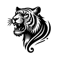 Majestic Tiger Head: A Black and White Vector Illustration of a Roaring Tiger