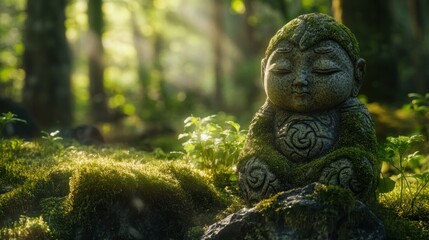 Moss-Covered Buddha Statue in a Peaceful Forest Setting with Sunlight Streaming Through