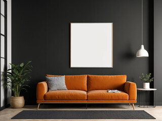 mock up poster frame in modern interior background, living room, Scandinavian style, 3D render, 3D illustration dark orange and black walls