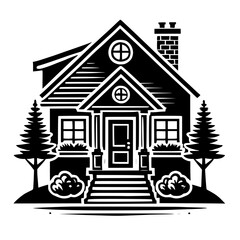 Black and White Illustration of a Charming Suburban House, perfect for real estate websites and home design blogs. This graphic depicts a cozy house with landscaping and architectural details.