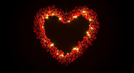 Fototapeta premium Glowing red berry heart wreath illuminated by warm lights, concept for Valentine's Day decoration, romantic gift packaging and festive event branding