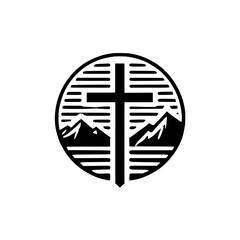 Cross Mountain Faith: A Minimalist Christian Art Design. This captivating image showcases a cross set against a majestic mountain landscape, symbolizing faith, hope, and the beauty of belief.