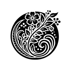 Black and White Floral Design: Elegant Botanical Illustration with Swirls and Leaves.  Perfect for vintage, retro, or modern decor.