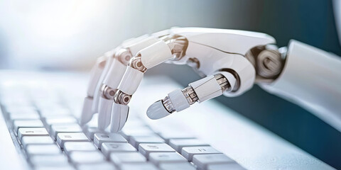 A robot hand typing on a keyboard. Creative concept of robotization, automation of IT processes, artificial intelligence