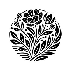 Elegant Monochrome Floral Design: Black and White Botanical Illustration, Vintage Style, Circular Pattern, Nature-Inspired Art Print