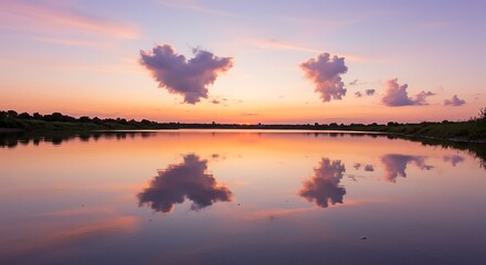 Fototapeta premium Serene tranquil calm lake surface with soft pastel gradient sky and heart-shaped cloud reflections, concept for romance, meditation and nature travel marketing
