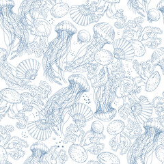 Seamless pattern with jellyfish and shells. Hand drawn vector illustration on white background.