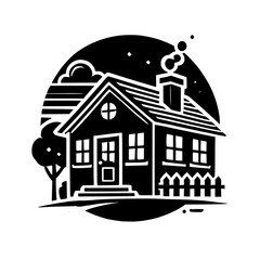 Charming Black and White House Illustration: Minimalist Home Design in a Night Setting