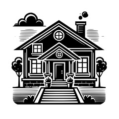 Obraz premium A Charming Suburban Home: Black and White House Illustration - Real Estate, Architecture, and Residential Design